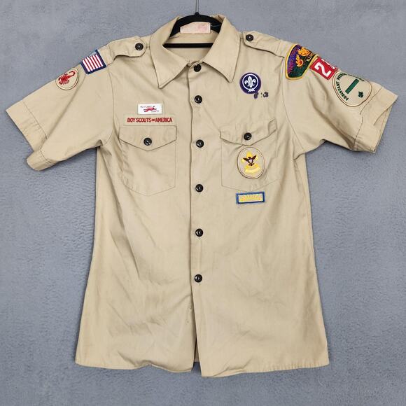 Boy Scouts of America Shirt Youth Large Tan Uniform Patches BSA Made in USA - Picture 1 of 9